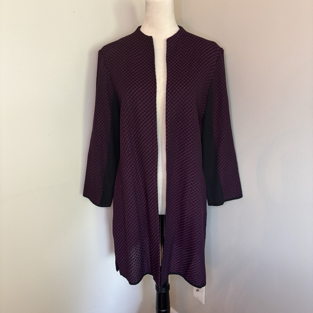 Ming Wang Large Texture Grid Knit Longline Jacket Purple Black Open Front Duster